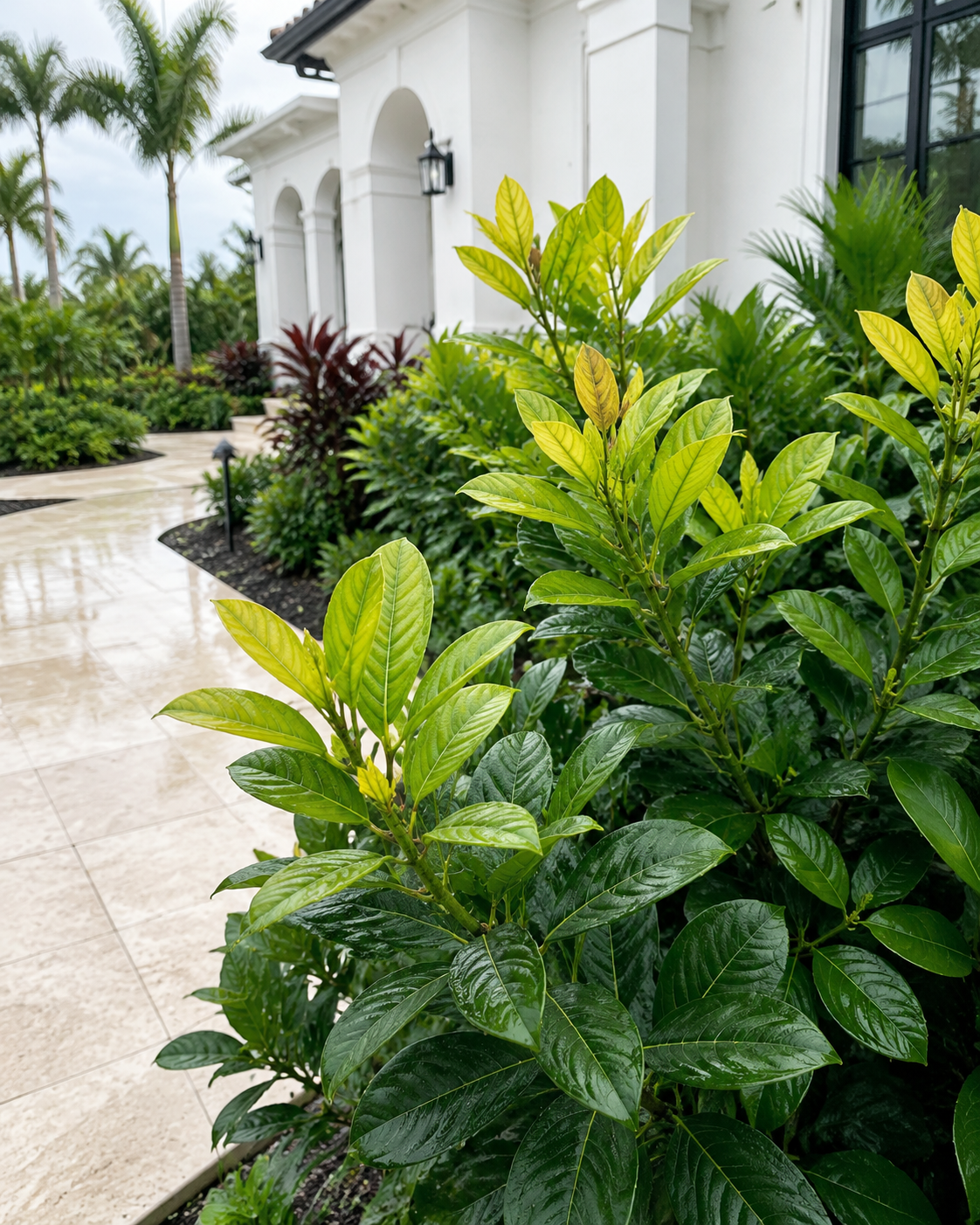 Florida landscape plant with yellow new foliage showing interveinal chlorosis