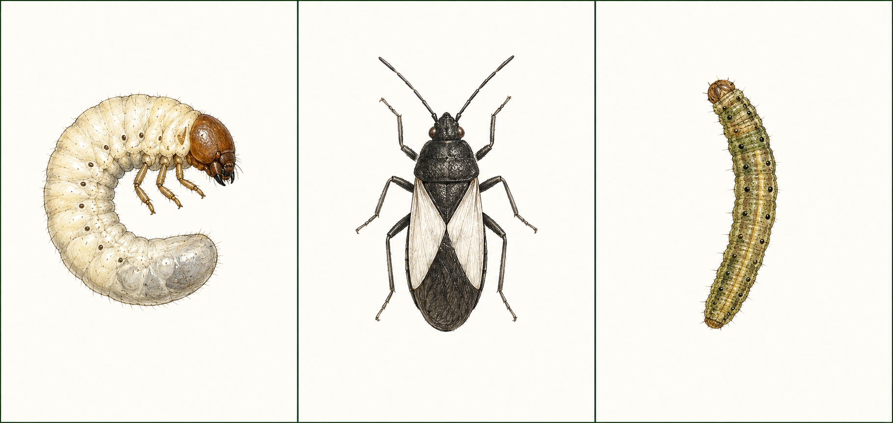 Field-guide illustrations of a white grub, southern chinch bug and tropical sod webworm